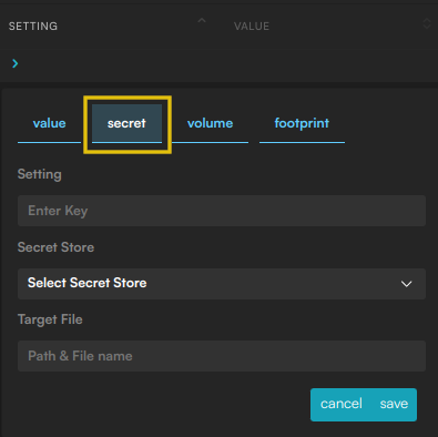 Select the Secret tab of the add config dialog