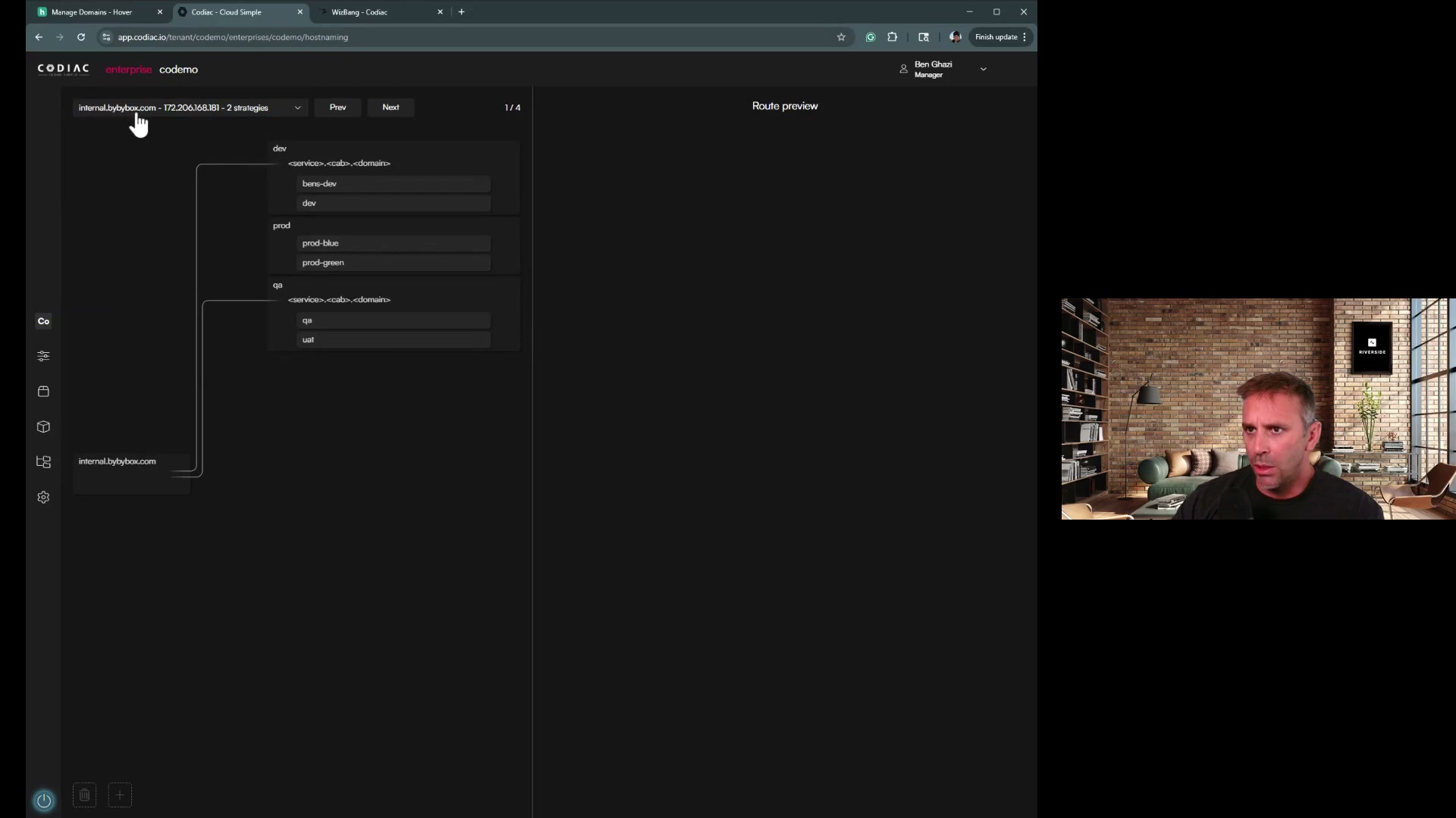 Route mapping interface showing domain-to-service mappings and the Domains tab